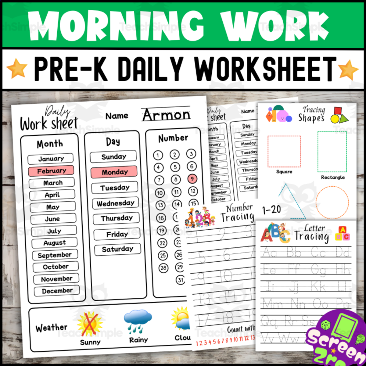 An educational teaching resource from screenzro entitled Daily Worksheets For Pre-k Preschool Morning Work Printable activities downloadable at Teach Simple.