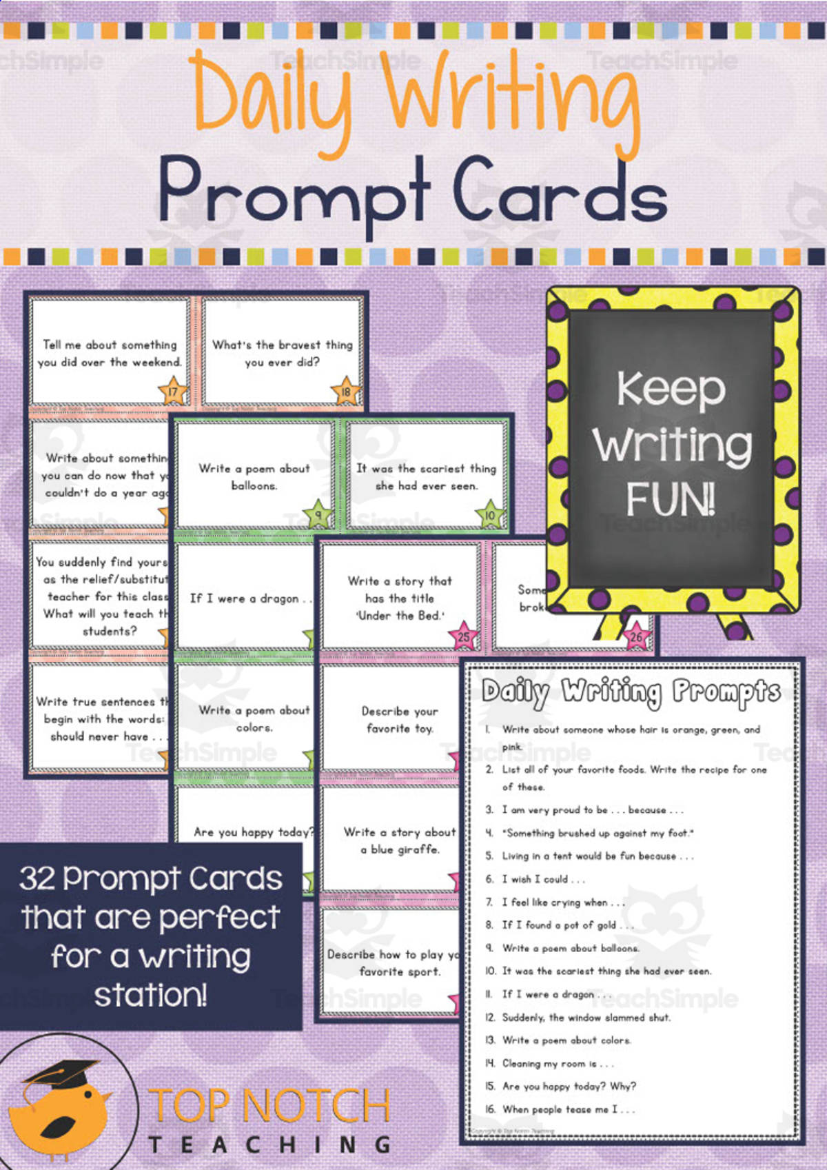 An educational teaching resource from Top Notch Teaching entitled Daily Writing Prompt Cards downloadable at Teach Simple.