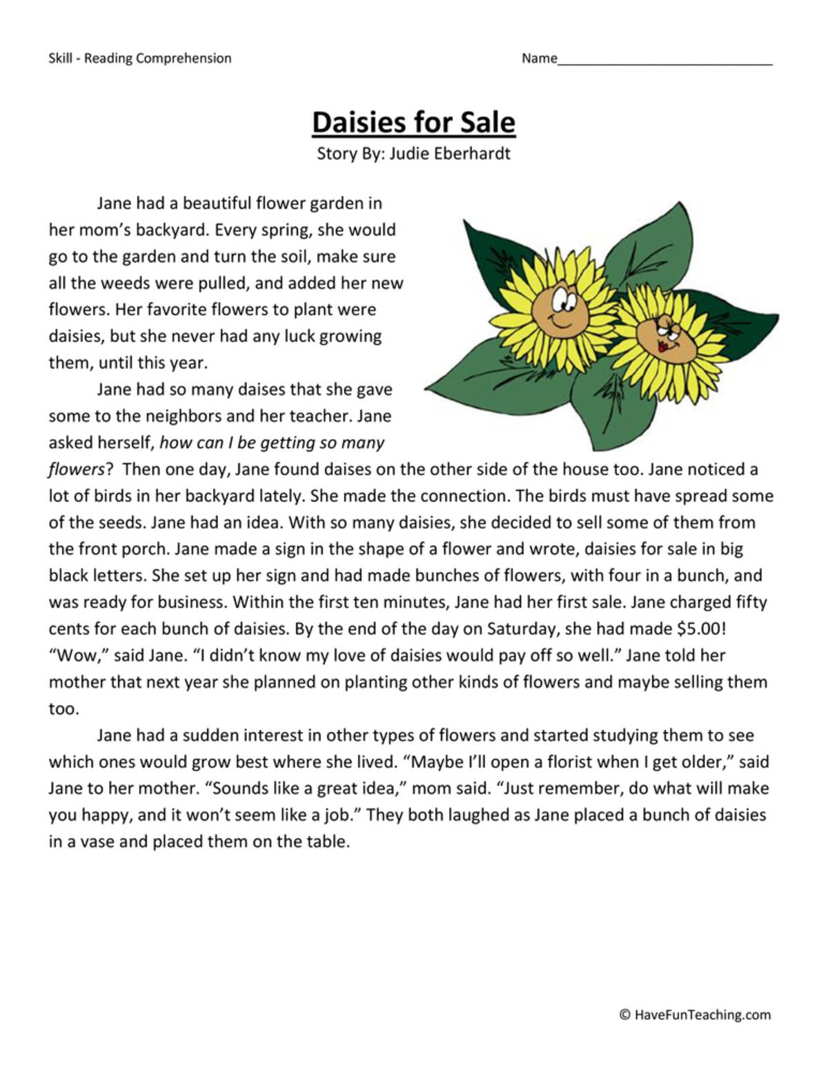 An educational teaching resource from Have Fun Teaching entitled Daisies for Sale - Reading Comprehension Worksheet downloadable at Teach Simple.