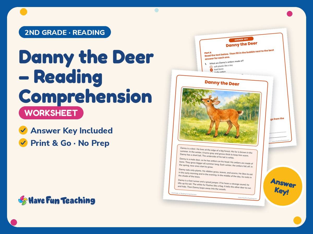 Danny the Deer – Reading Comprehension Worksheet – 2nd Grade Animals preview