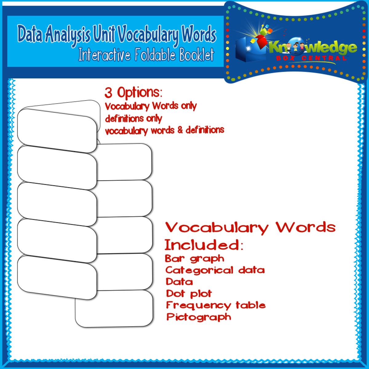 An educational teaching resource from Knowledge Box Central entitled Data Analysis Unit Vocabulary Words Interactive Foldable for 3rd Grade – EBOOK downloadable at Teach Simple.