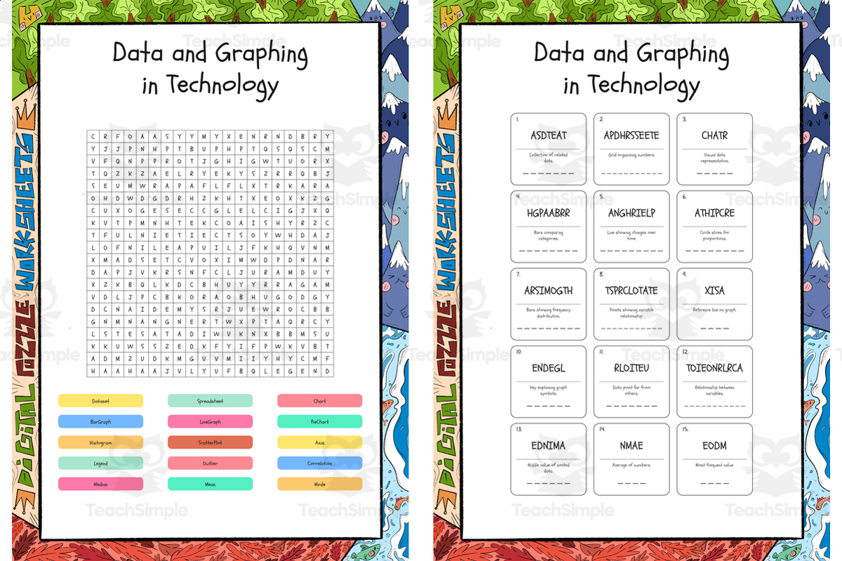 An educational teaching resource from Lapiiin Art Activities entitled Data and Graphing in Technology word search, scramble and crossword pu downloadable at Teach Simple.