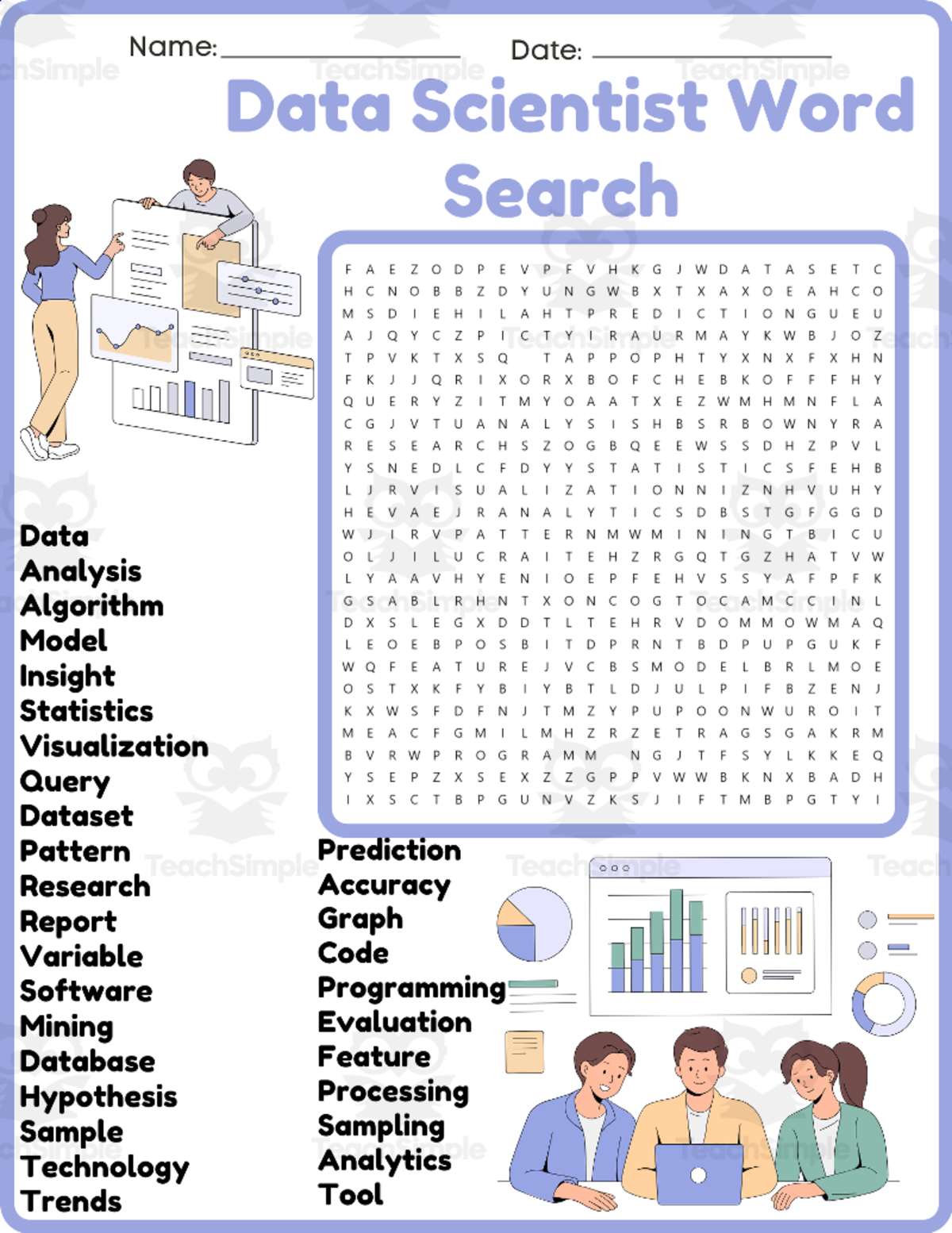 An educational teaching resource from space shope entitled Data Scientist Word Search Puzzle Worksheet Activities (3rd, 4th, 5th downloadable at Teach Simple.