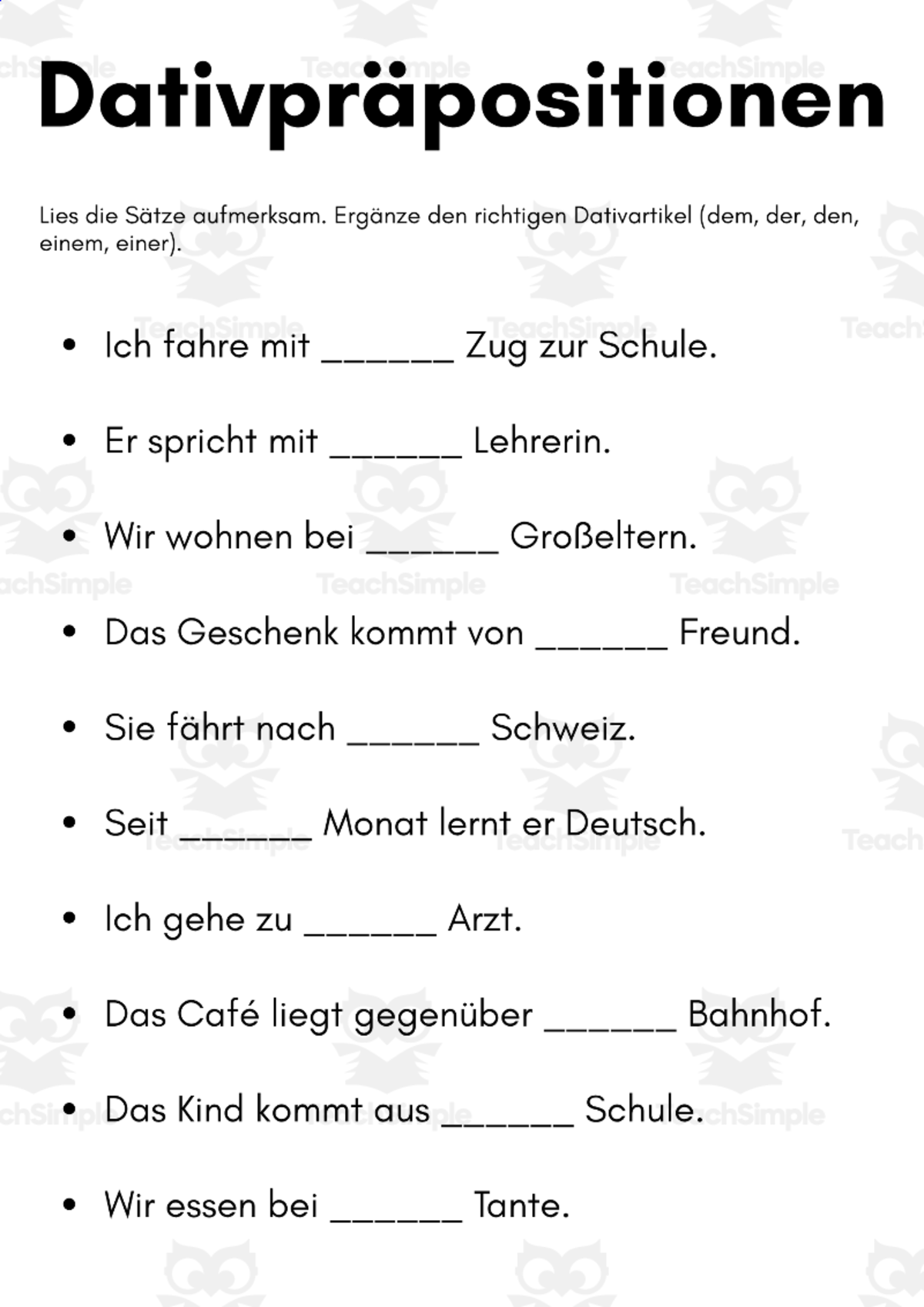 An educational teaching resource from MultiLingual Grammar Lab entitled dative prepositions german exercises with answers downloadable at Teach Simple.