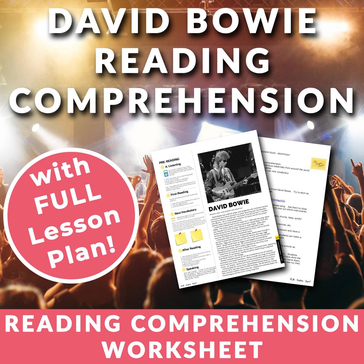 An educational teaching resource from The Laughing Linguist entitled David Bowie - Reading Comprehension Worksheet & Lesson Plan downloadable at Teach Simple.