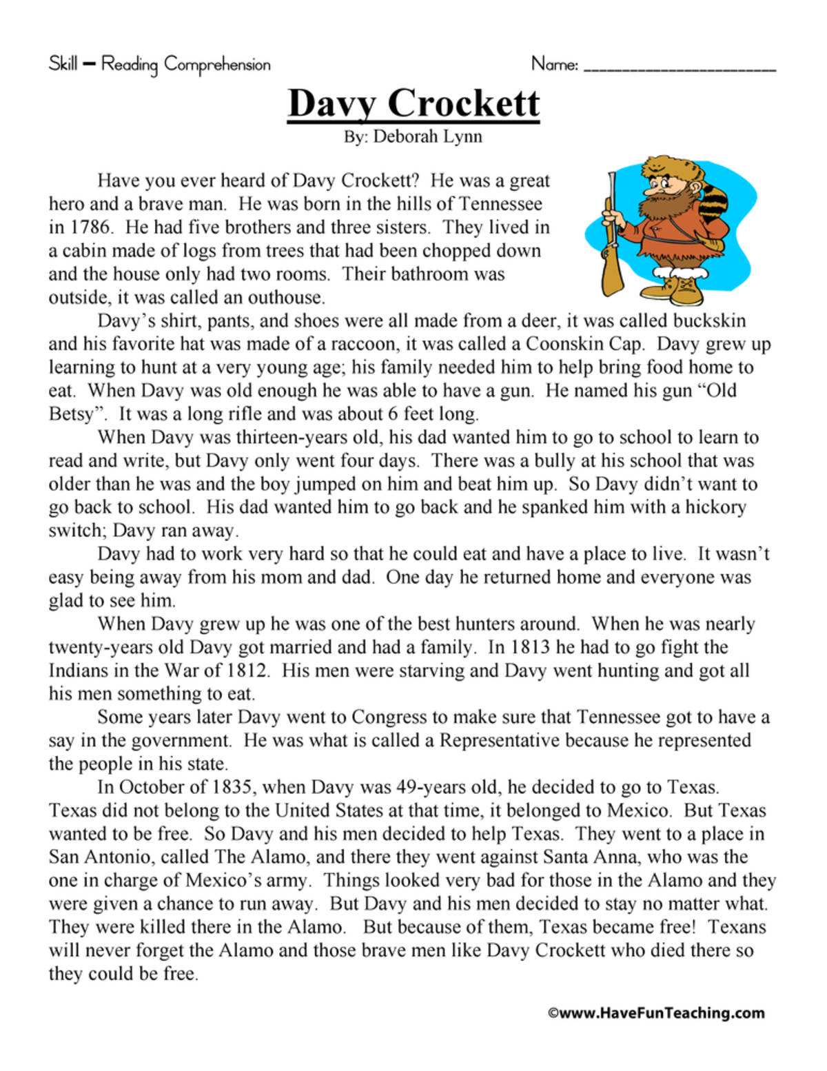 An educational teaching resource from Have Fun Teaching entitled Davy Crockett - Reading Comprehension Worksheet downloadable at Teach Simple.