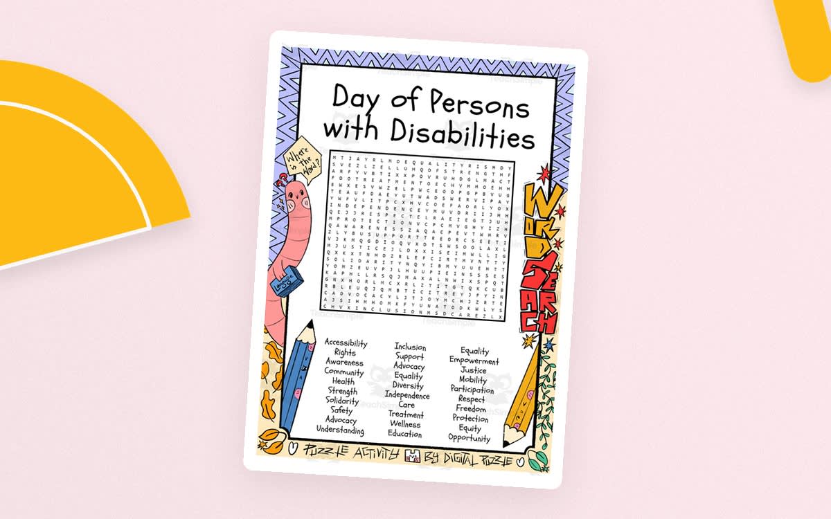 An educational teaching resource from Lapiiin Art Activities entitled Day of Persons with Disabiliti word search puzzle worksheet activities downloadable at Teach Simple.