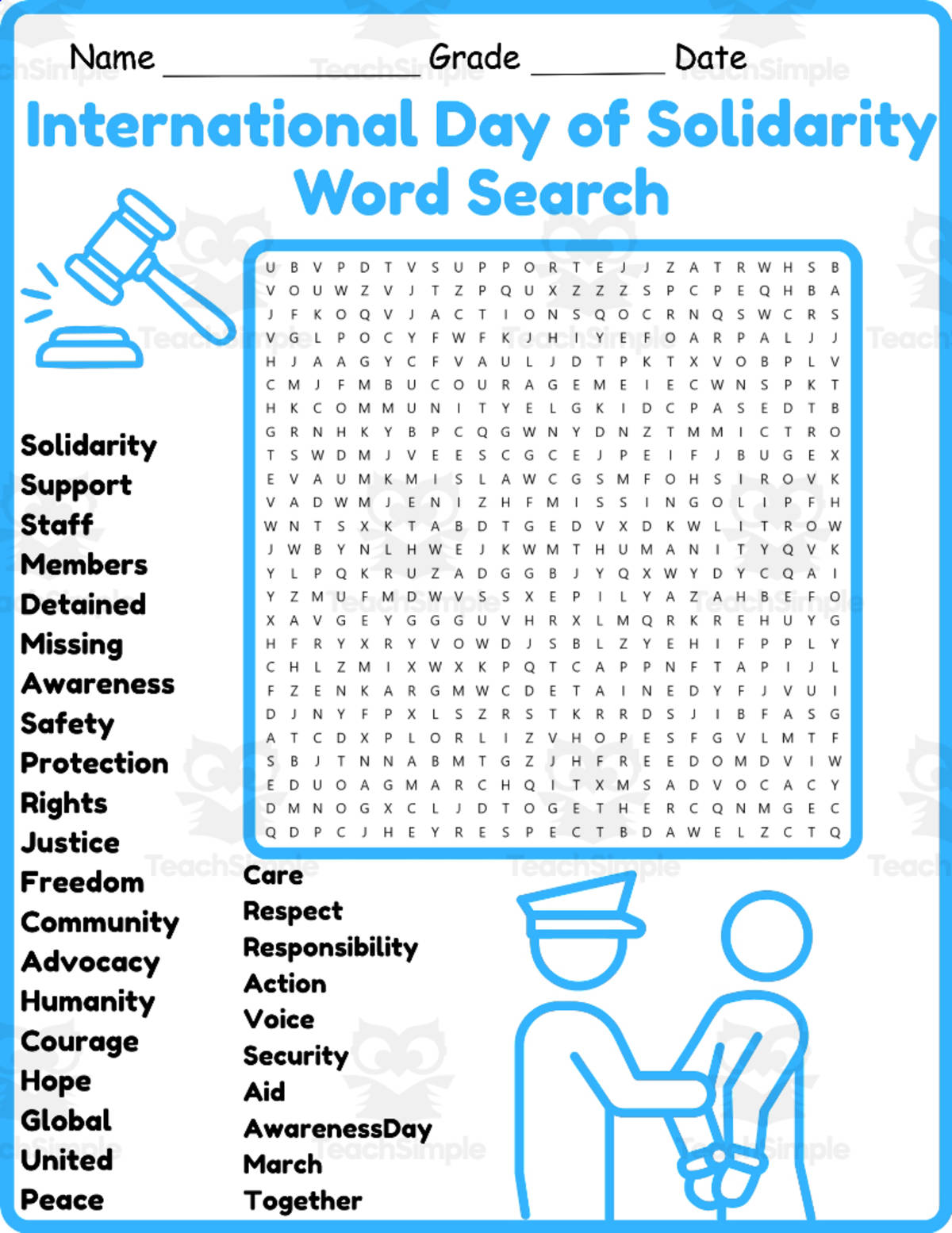 An educational teaching resource from Classsimple entitled Day of Solidarity Word Search 2nd 3rd 4th 5th Grade Worksheet Activity downloadable at Teach Simple.