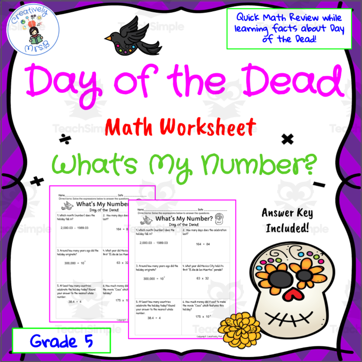 An educational teaching resource from Creatively Mrs. B entitled Day of the Dead Math Trivia Worksheet downloadable at Teach Simple.