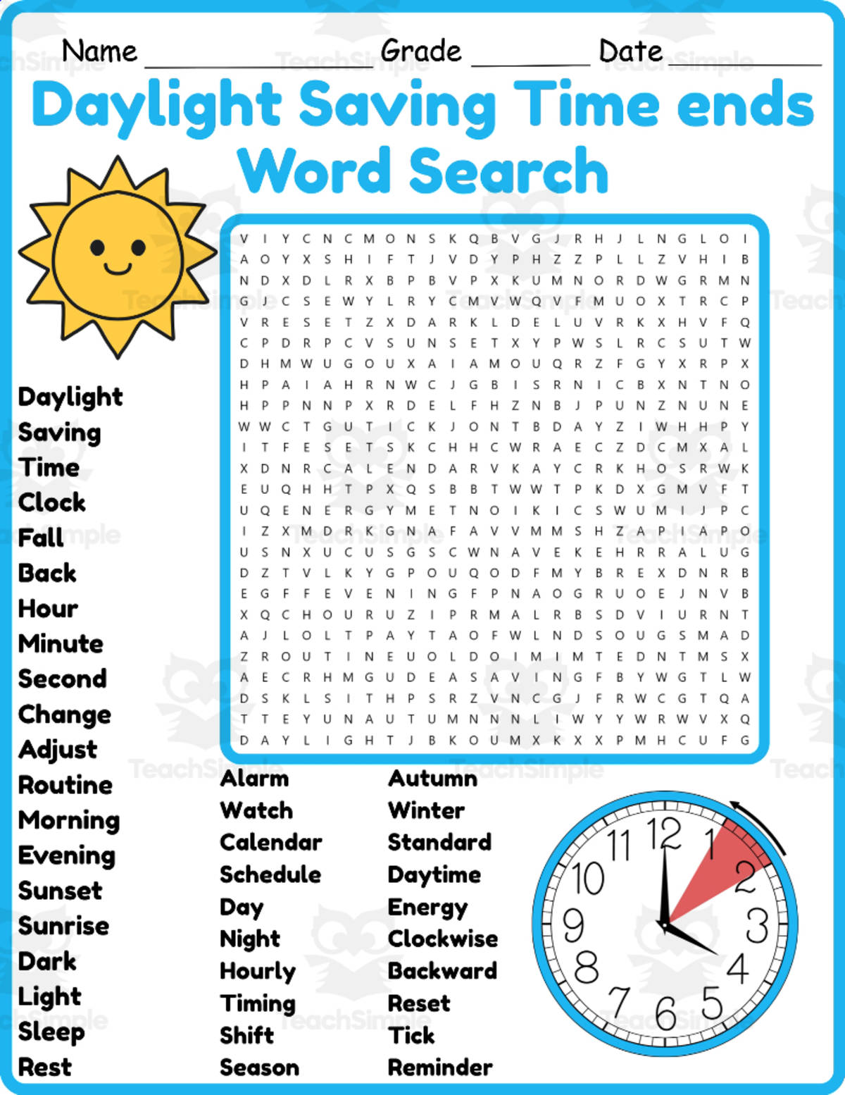 An educational teaching resource from Classsimple entitled Daylight Saving Time ends Word Search 2nd 3rd 4th 5th Grade worksheet downloadable at Teach Simple.