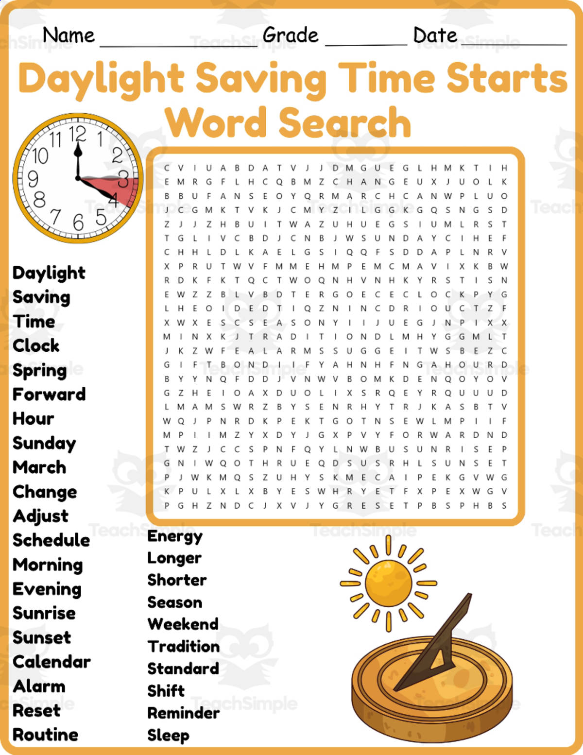 An educational teaching resource from Classsimple entitled Daylight Saving Time Starts Word Search 2nd 3rd 4th 5th Grade downloadable at Teach Simple.