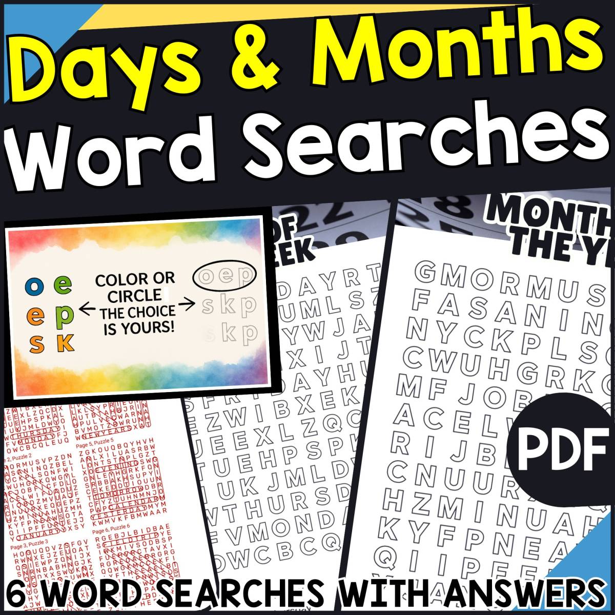 An educational teaching resource from Cored Education entitled Days and Months Word Searches (PDF) downloadable at Teach Simple.