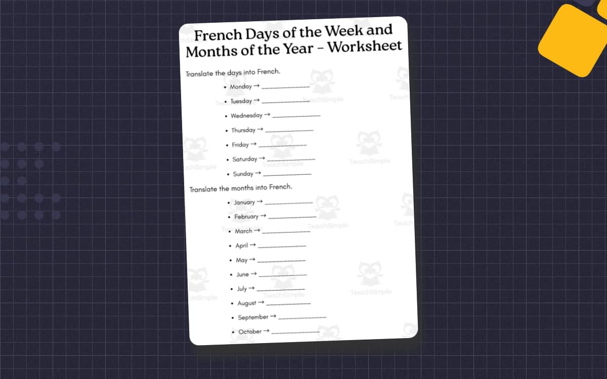 An educational teaching resource from MultiLingual Grammar Lab entitled days of the week and months of the year in french worksheets downloadable at Teach Simple.