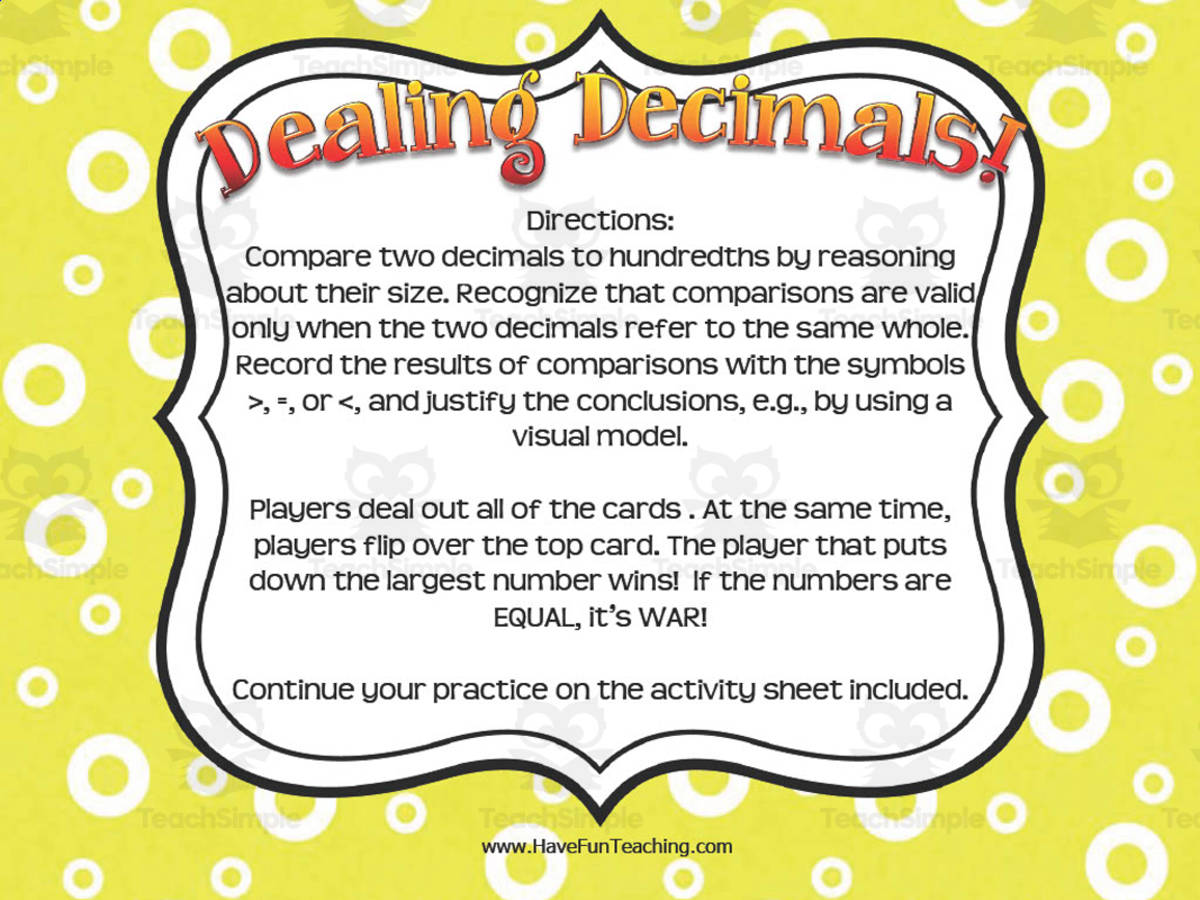 An educational teaching resource from Have Fun Teaching entitled Dealing Decimals Activity downloadable at Teach Simple.