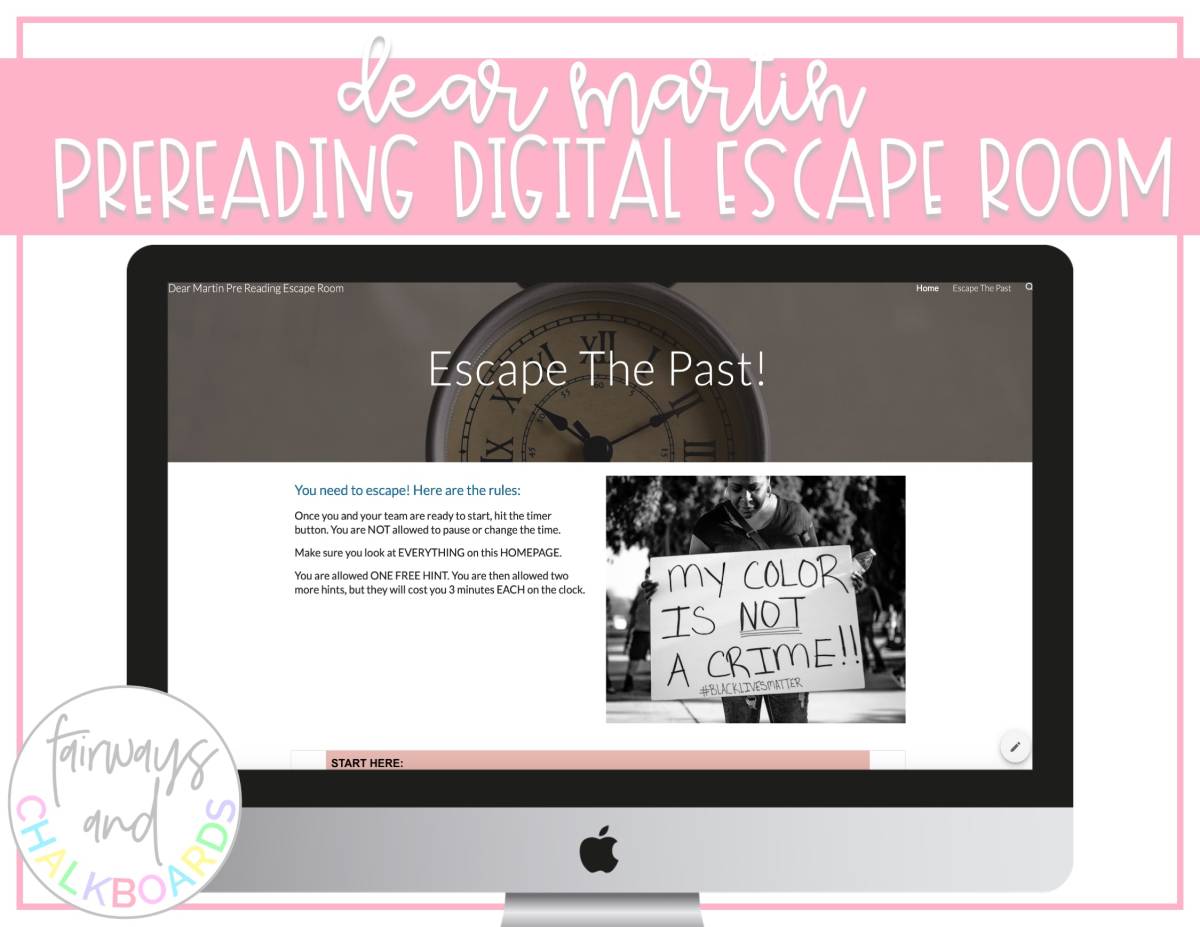 An educational teaching resource from Fairways and Chalkboards entitled Dear Martin PreReading Digital Escape Room downloadable at Teach Simple.
