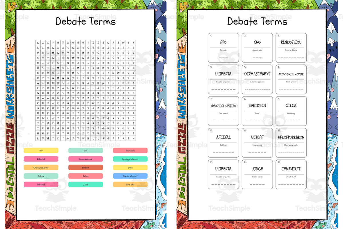 An educational teaching resource from Lapiiin Art Activities entitled Debate Terms word search, scramble and crossword puzzle downloadable at Teach Simple.