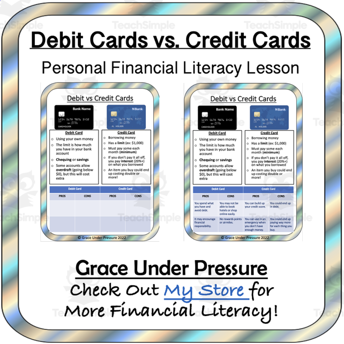 An educational teaching resource from Grace Under Pressure entitled Debit vs Credit Card – Financial Literacy Handout downloadable at Teach Simple.