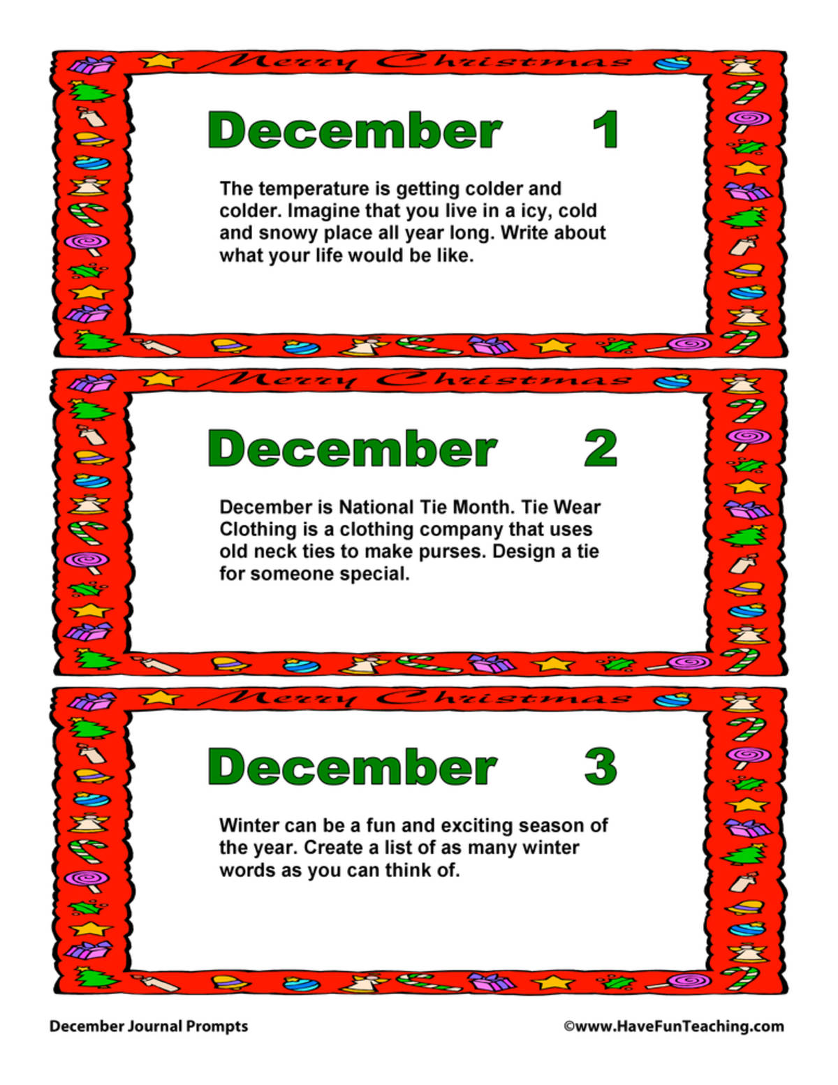 An educational teaching resource from Have Fun Teaching entitled December Daily Journal Prompts downloadable at Teach Simple.