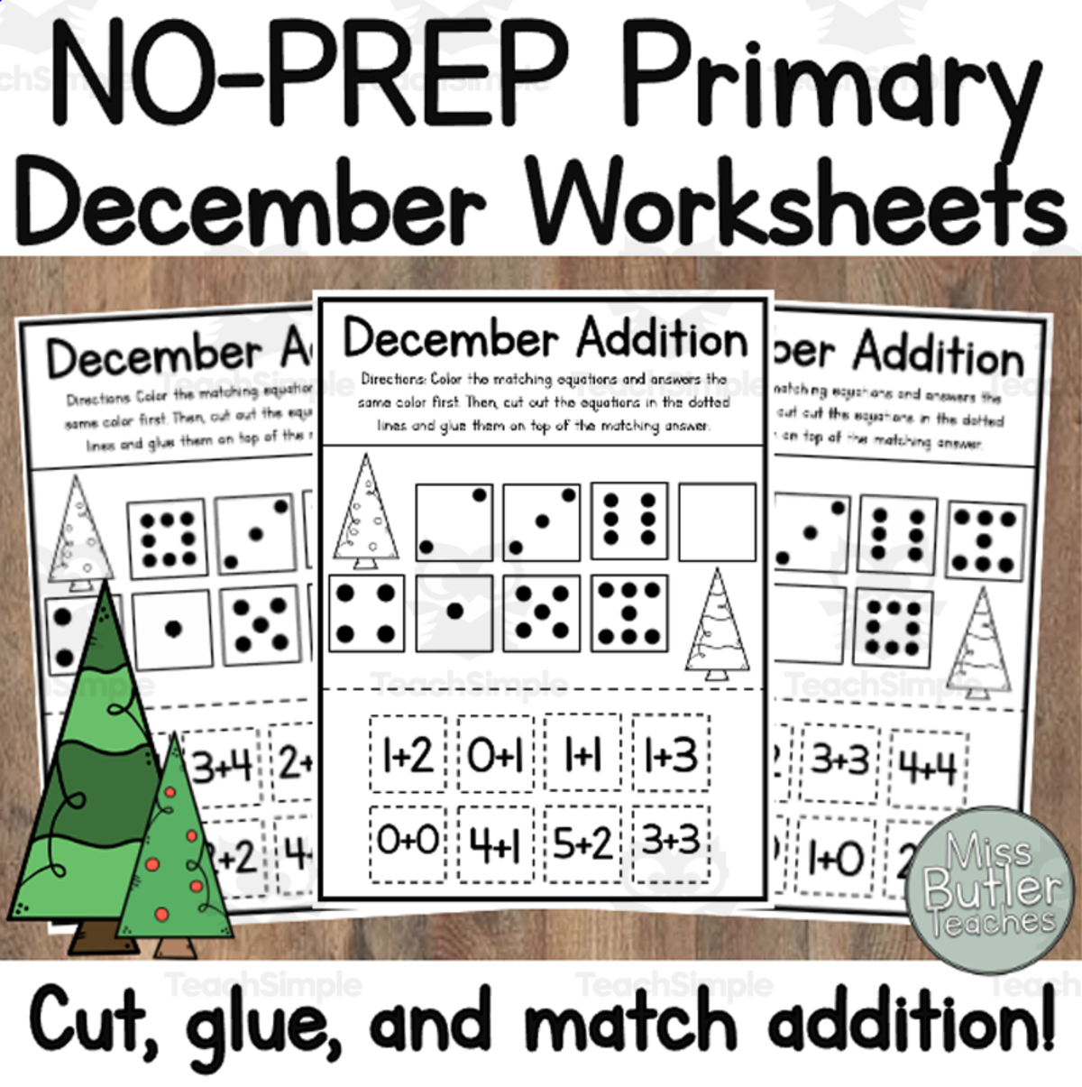 An educational teaching resource from Miss Butler Teaches entitled December Kindergarten Worksheets - Cut Glue and Match Addition Center! downloadable at Teach Simple.