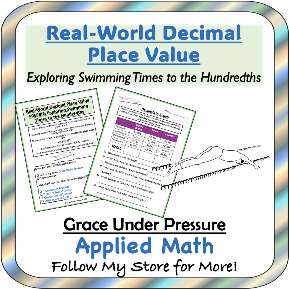 An educational teaching resource from Grace Under Pressure entitled Decimal Place Value Worksheet: Swimming Times to the Hundredths downloadable at Teach Simple.