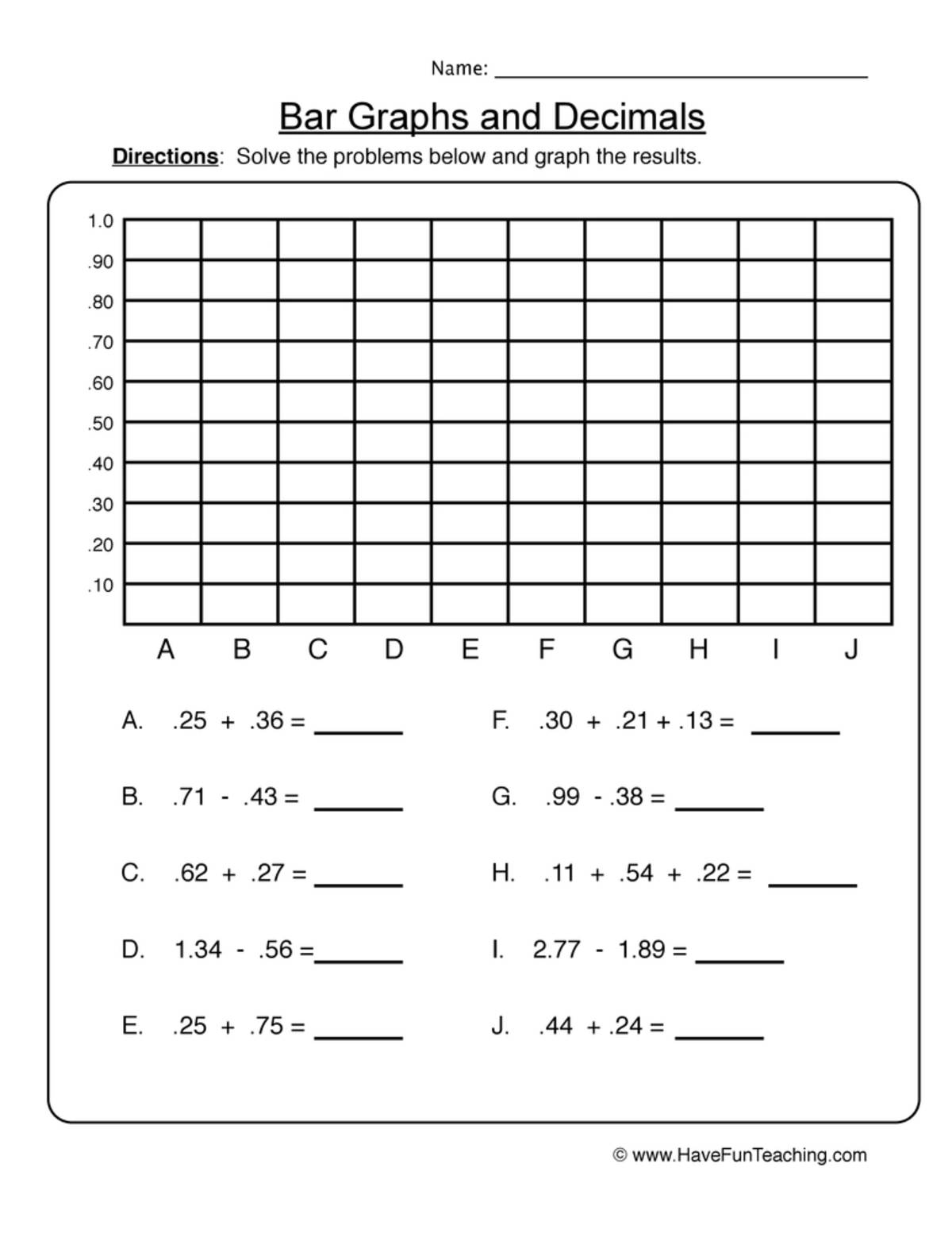 An educational teaching resource from Have Fun Teaching entitled Decimals Bar Graphs Worksheet downloadable at Teach Simple.