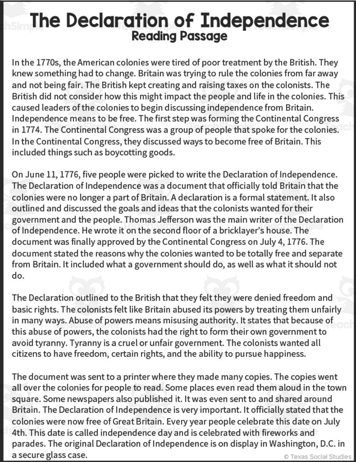 An educational teaching resource from Sarah Miller Tech entitled Declaration of Independence Escape Room downloadable at Teach Simple.