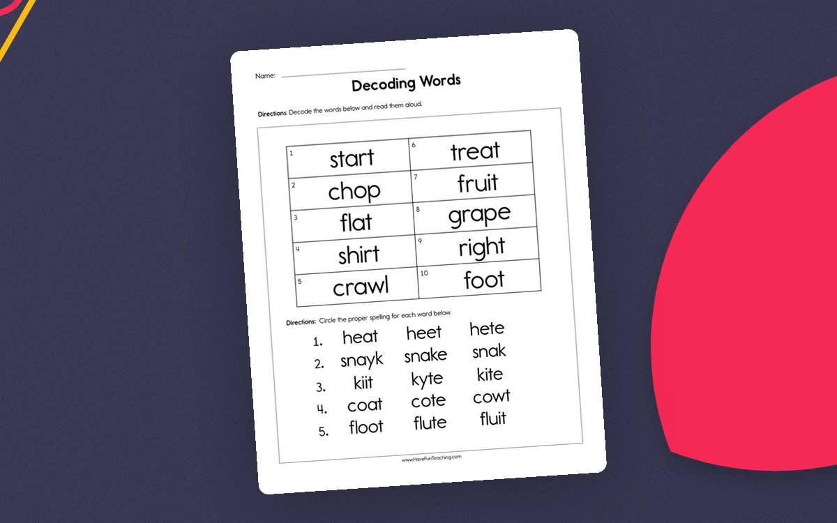 An educational teaching resource from Have Fun Teaching entitled Decoding Words Worksheet – Reading Fluency downloadable at Teach Simple.