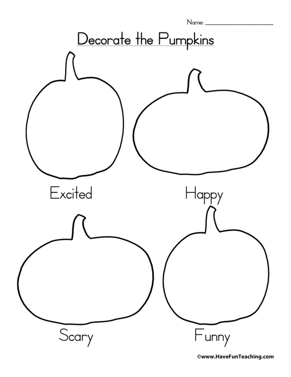 An educational teaching resource from Have Fun Teaching entitled Decorate the Pumpkins Worksheet downloadable at Teach Simple.