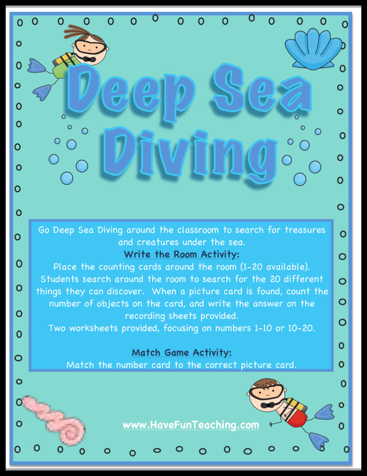 An educational teaching resource from Have Fun Teaching entitled Deep Sea Diving Numbers Recognition Activity downloadable at Teach Simple.