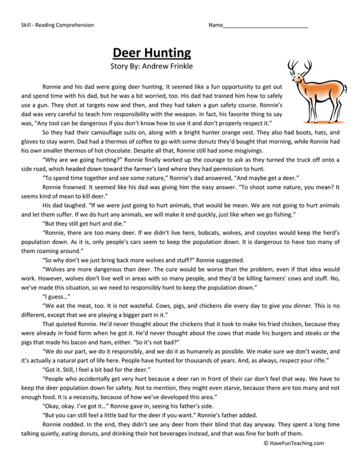 An educational teaching resource from Have Fun Teaching entitled Deer Hunting - Reading Comprehension Worksheet downloadable at Teach Simple.