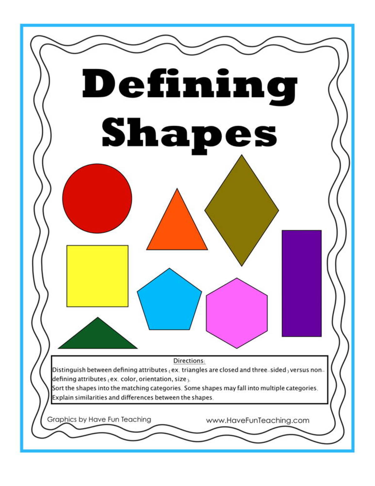 An educational teaching resource from Have Fun Teaching entitled Defining Shapes Category Activity downloadable at Teach Simple.