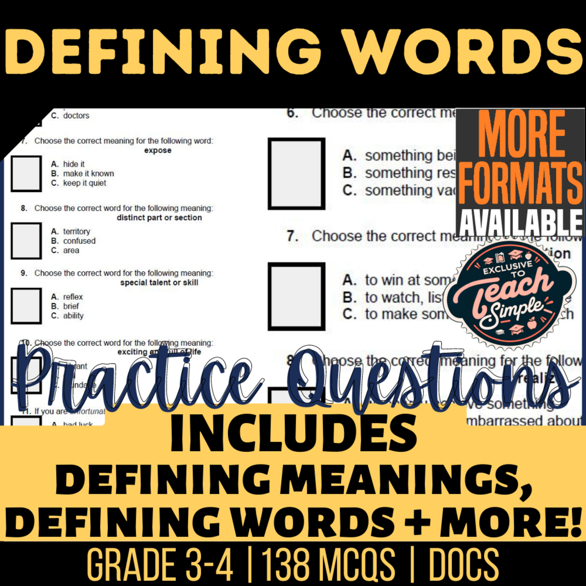 An educational teaching resource from Cored Education entitled Defining Words Practice Questions - Vocabulary Grade 3-4 (Docs) downloadable at Teach Simple.