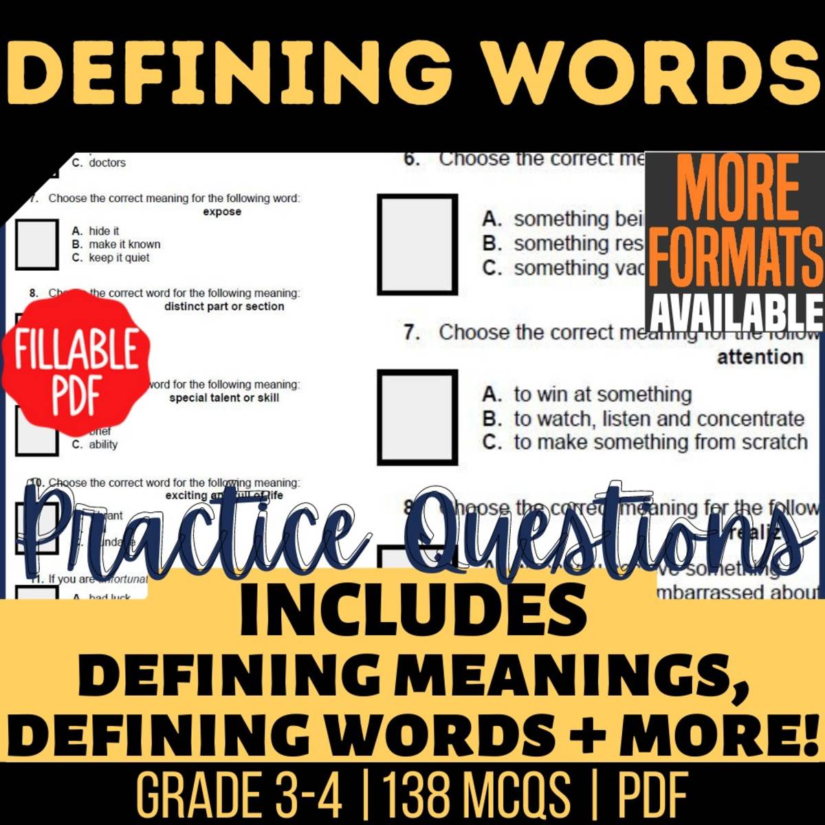 An educational teaching resource from Cored Education entitled Defining Words Practice Questions - Vocabulary Grade 3-4 Fillable PDF downloadable at Teach Simple.
