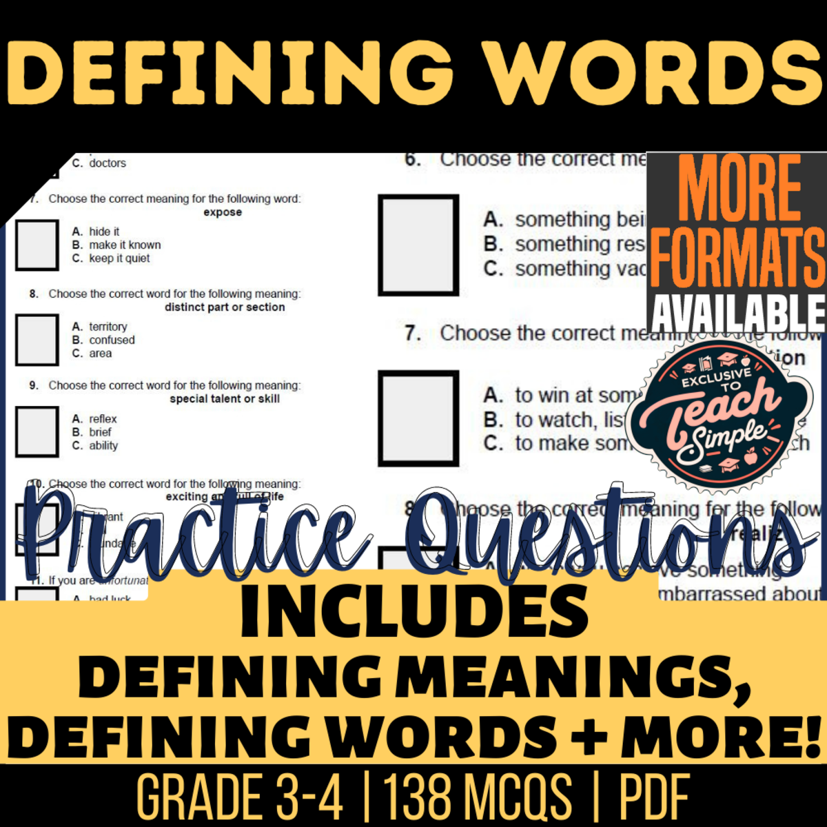 An educational teaching resource from Cored Education entitled Defining Words Practice Questions - Vocabulary Grade 3-4 (PDF) downloadable at Teach Simple.