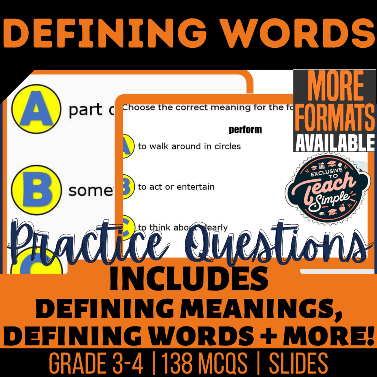An educational teaching resource from Cored Education entitled Defining Words Practice Questions - Vocabulary Grade 3-4 (Slides) downloadable at Teach Simple.