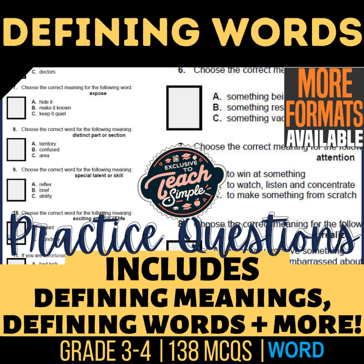 An educational teaching resource from Cored Education entitled Defining Words Practice Questions - Vocabulary Grade 3-4 (Word) downloadable at Teach Simple.