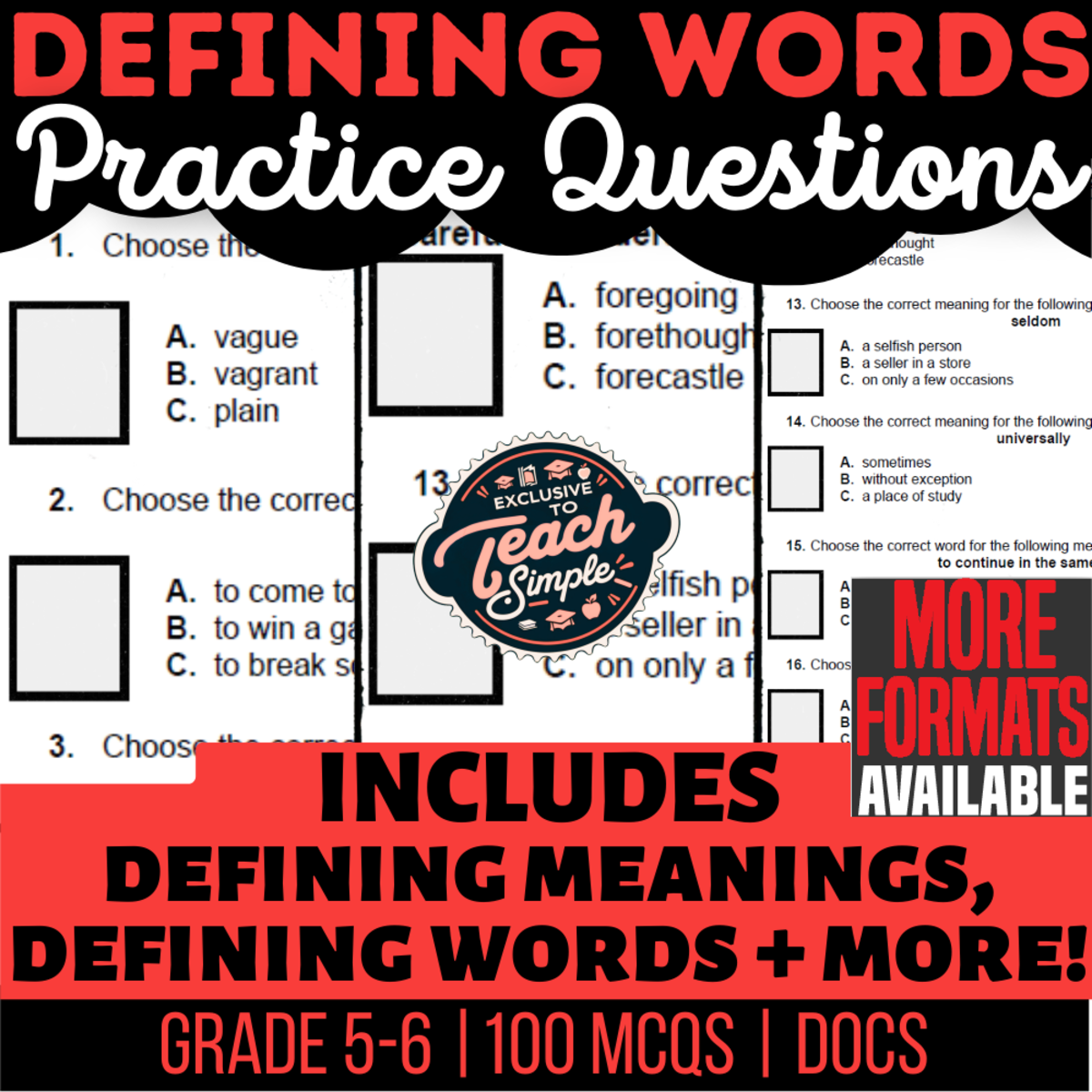 An educational teaching resource from Cored Education entitled Defining Words Practice Questions - Vocabulary Grade 5-6 (Docs) downloadable at Teach Simple.