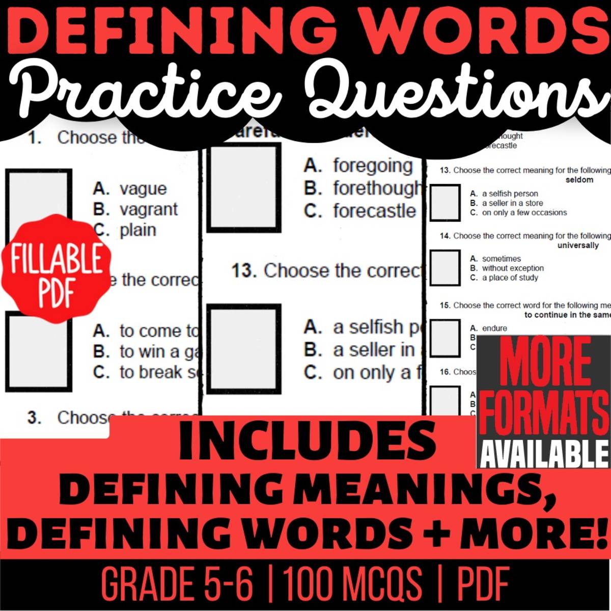An educational teaching resource from Cored Education entitled Defining Words Practice Questions - Vocabulary Grade 5-6 Fillable PDF downloadable at Teach Simple.