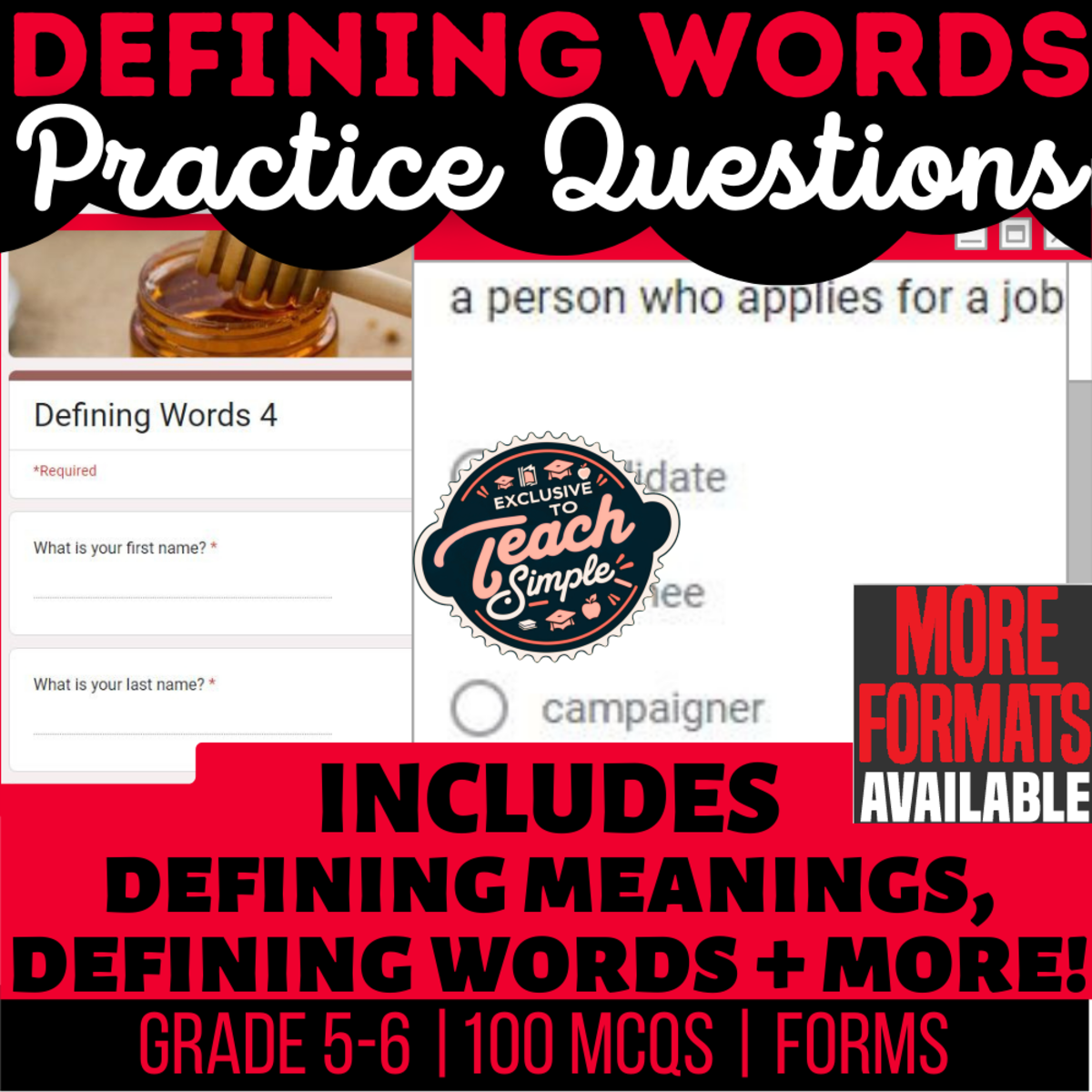 An educational teaching resource from Cored Education entitled Defining Words Practice Questions - Vocabulary Grade 5-6 (Forms) downloadable at Teach Simple.