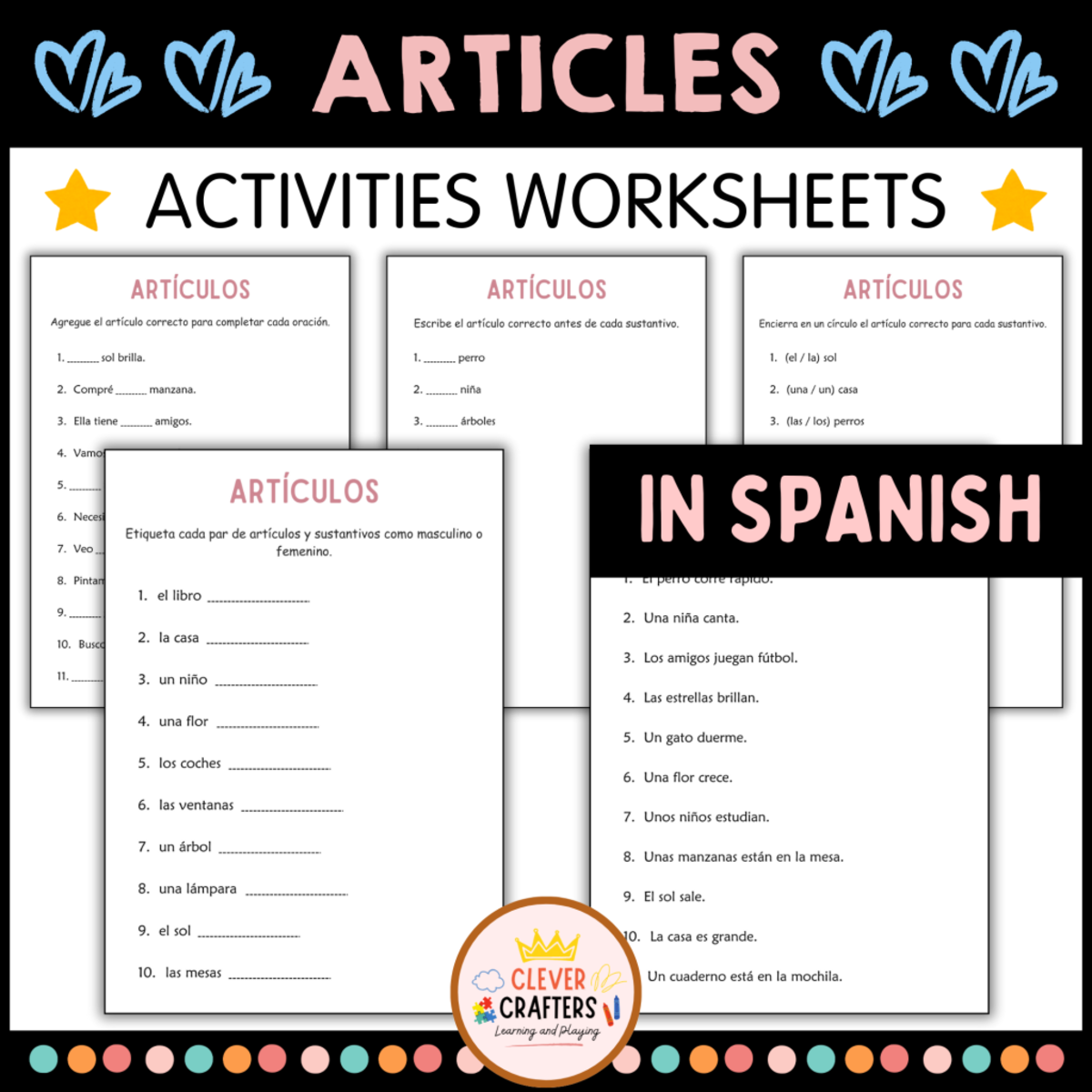 An educational teaching resource from Clever Crafters entitled Definite and Indefinite Articles (el, la, los, las) in Spanish downloadable at Teach Simple.