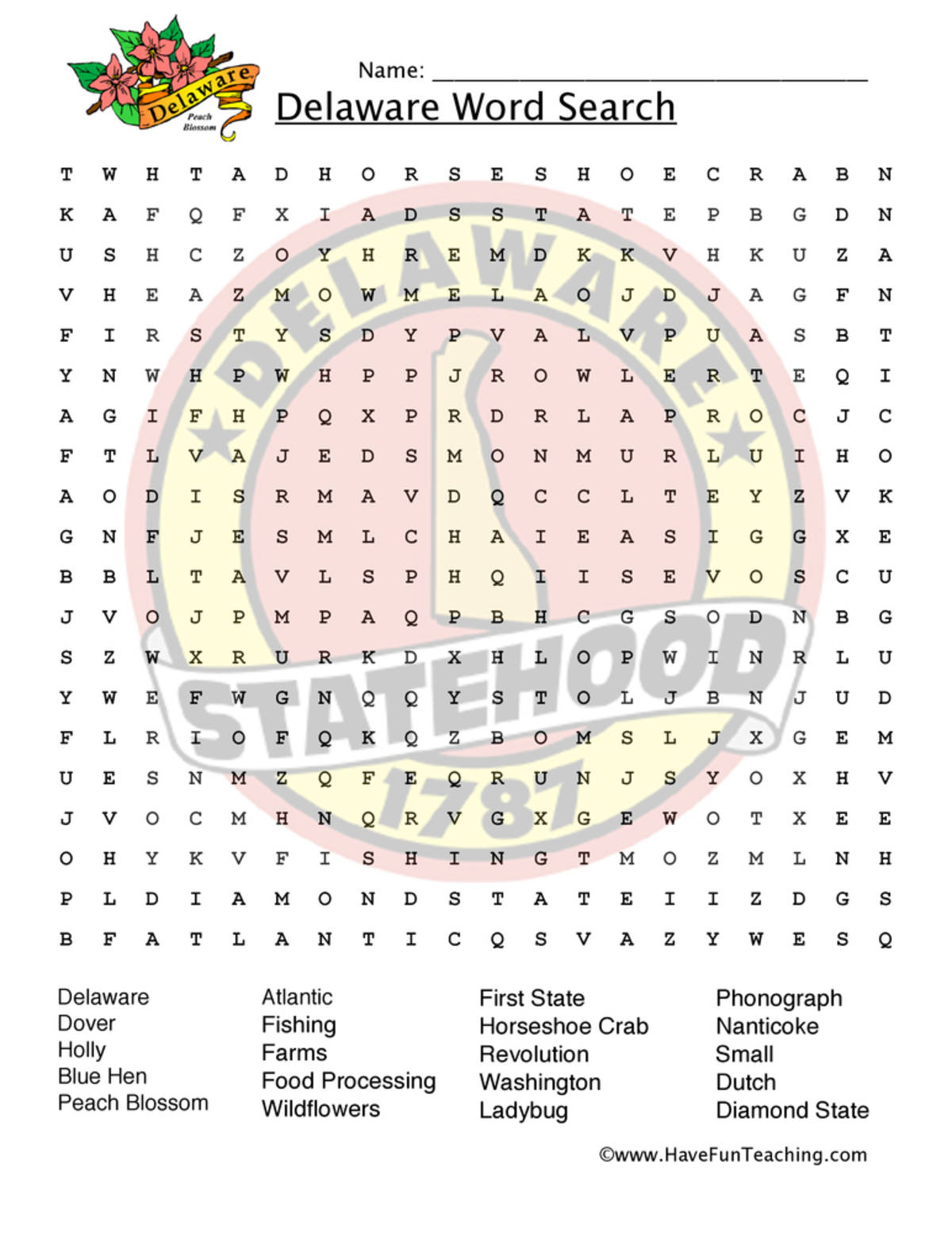 An educational teaching resource from Have Fun Teaching entitled Delaware Word Search Worksheet downloadable at Teach Simple.