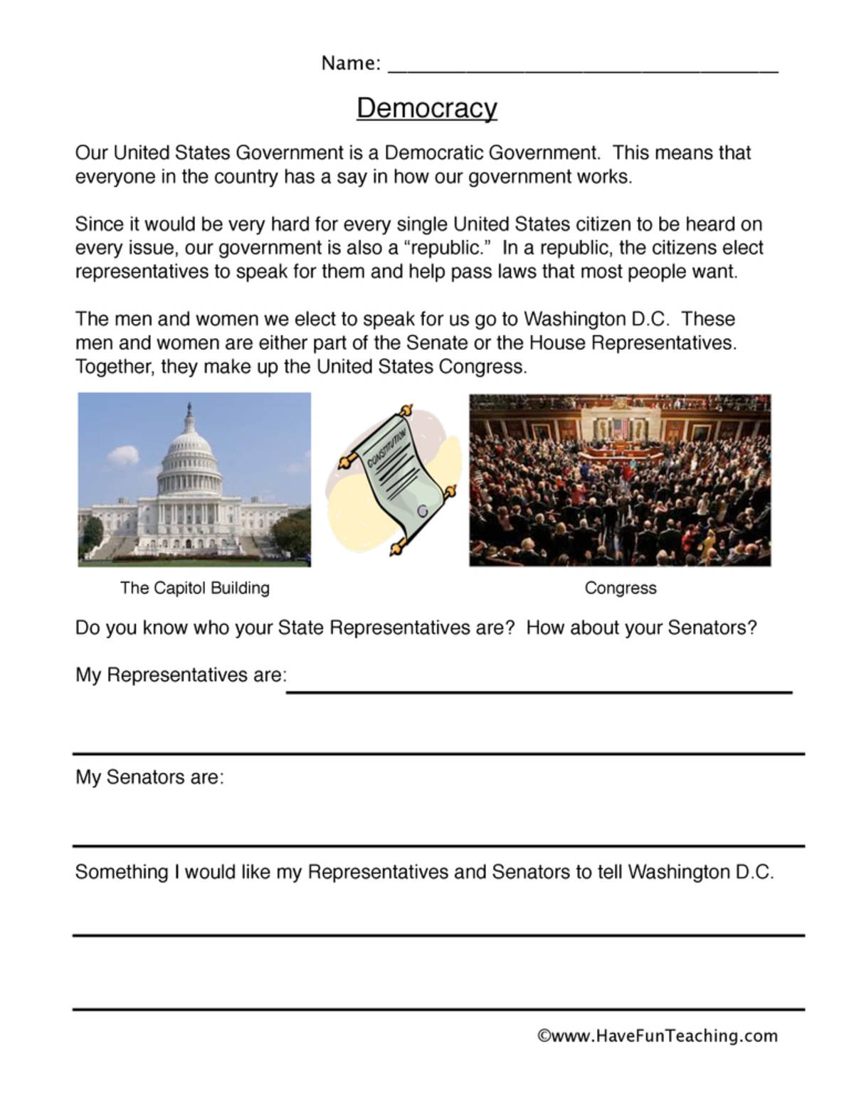 An educational teaching resource from Have Fun Teaching entitled Democracy Worksheet downloadable at Teach Simple.