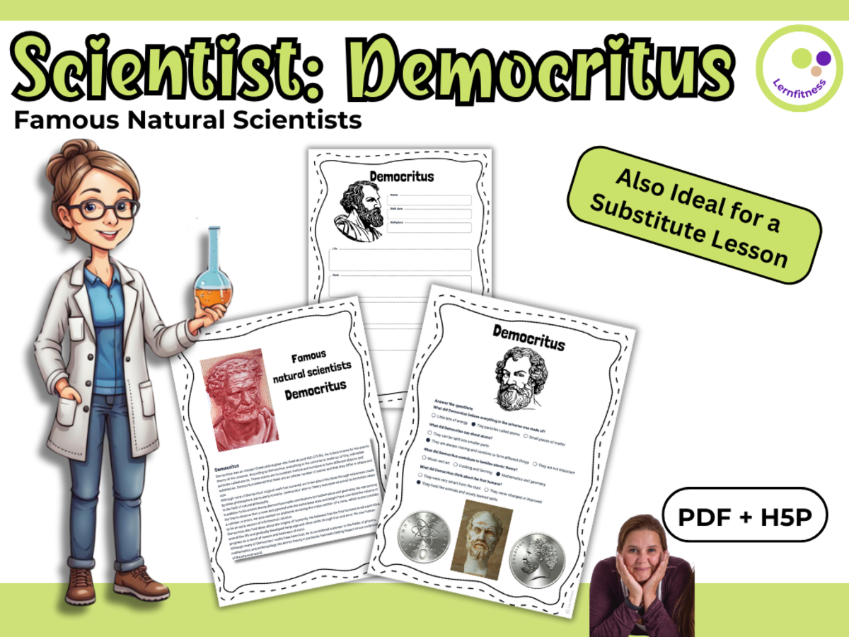 An educational teaching resource from Lernfitness entitled Democritus – Introducing a Pioneer of Atomic Theory | PDF + H5P downloadable at Teach Simple.