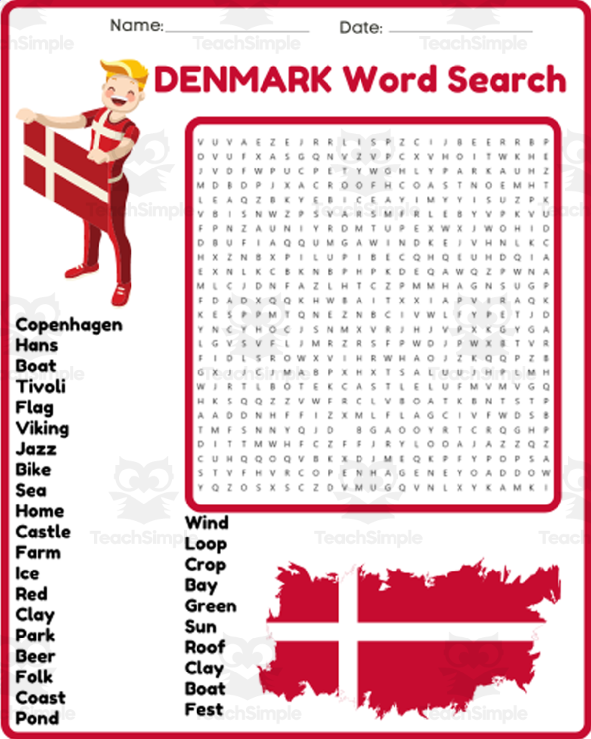 An educational teaching resource from space shope entitled DENMARK Word Search Puzzle Worksheet Activity downloadable at Teach Simple.