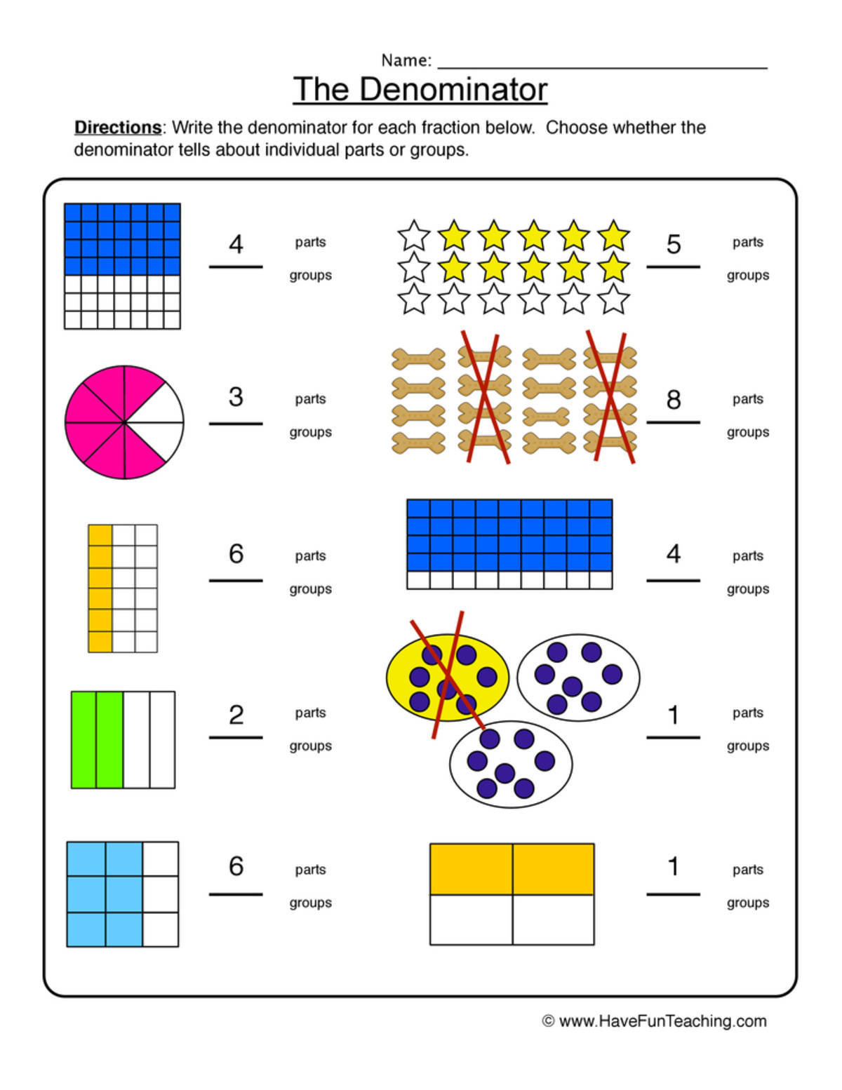 An educational teaching resource from Have Fun Teaching entitled Denominators Fractions Worksheet downloadable at Teach Simple.