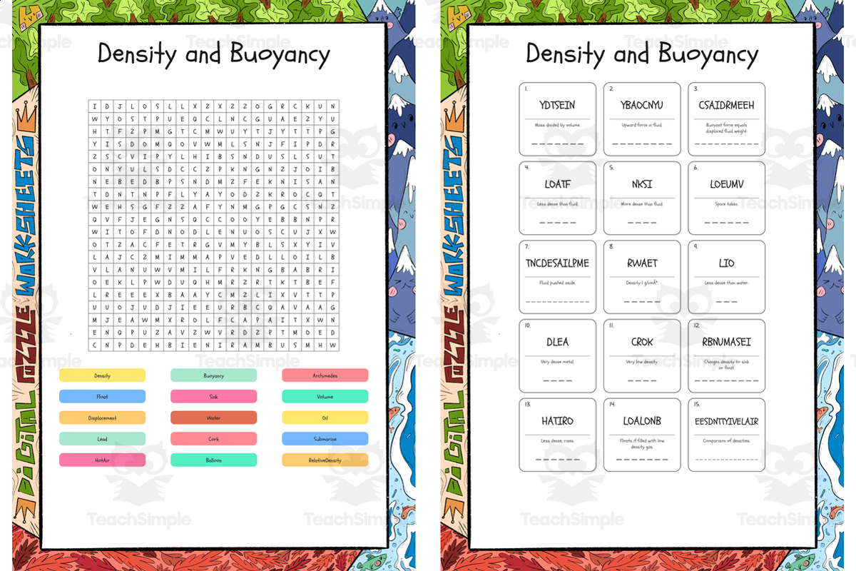 An educational teaching resource from Lapiiin Art Activities entitled Density and Buoyancy word search, scramble and crossword puzzle downloadable at Teach Simple.