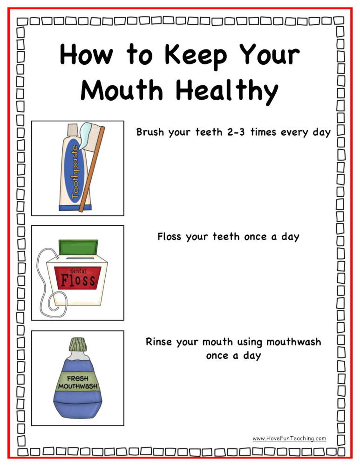 An educational teaching resource from Have Fun Teaching entitled Dental Hygiene Classroom Poster downloadable at Teach Simple.