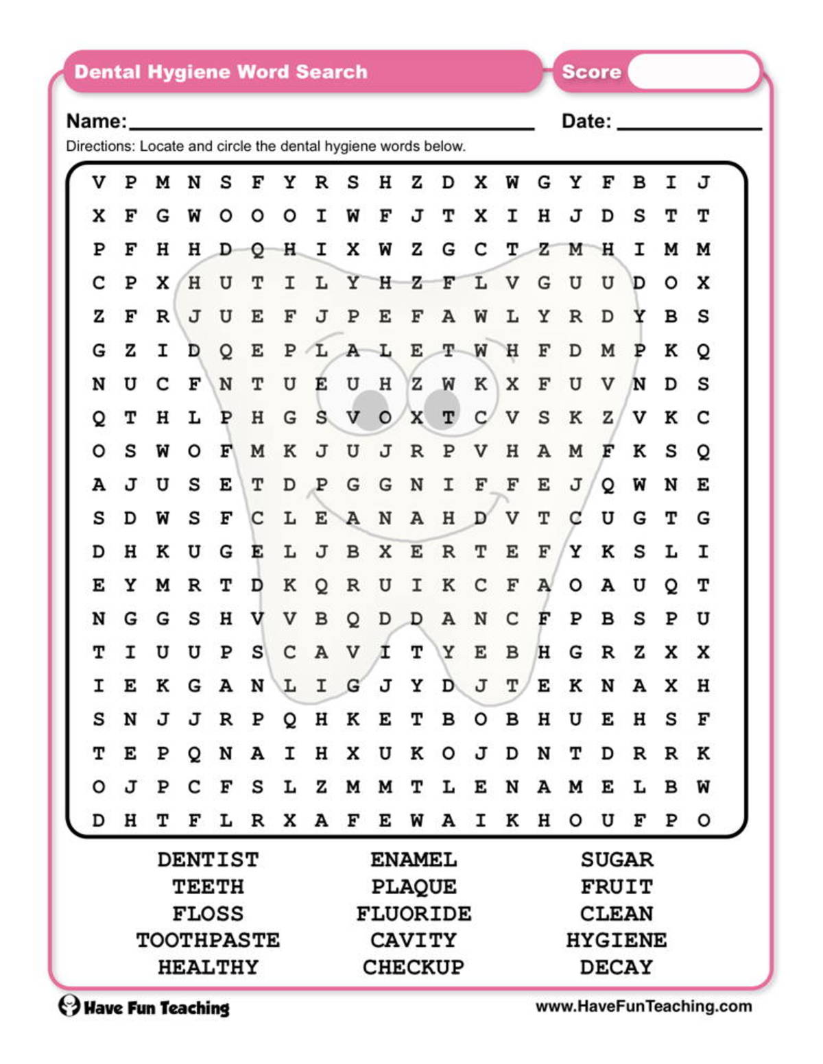 An educational teaching resource from Have Fun Teaching entitled Dental Hygiene Wordsearch Worksheet downloadable at Teach Simple.