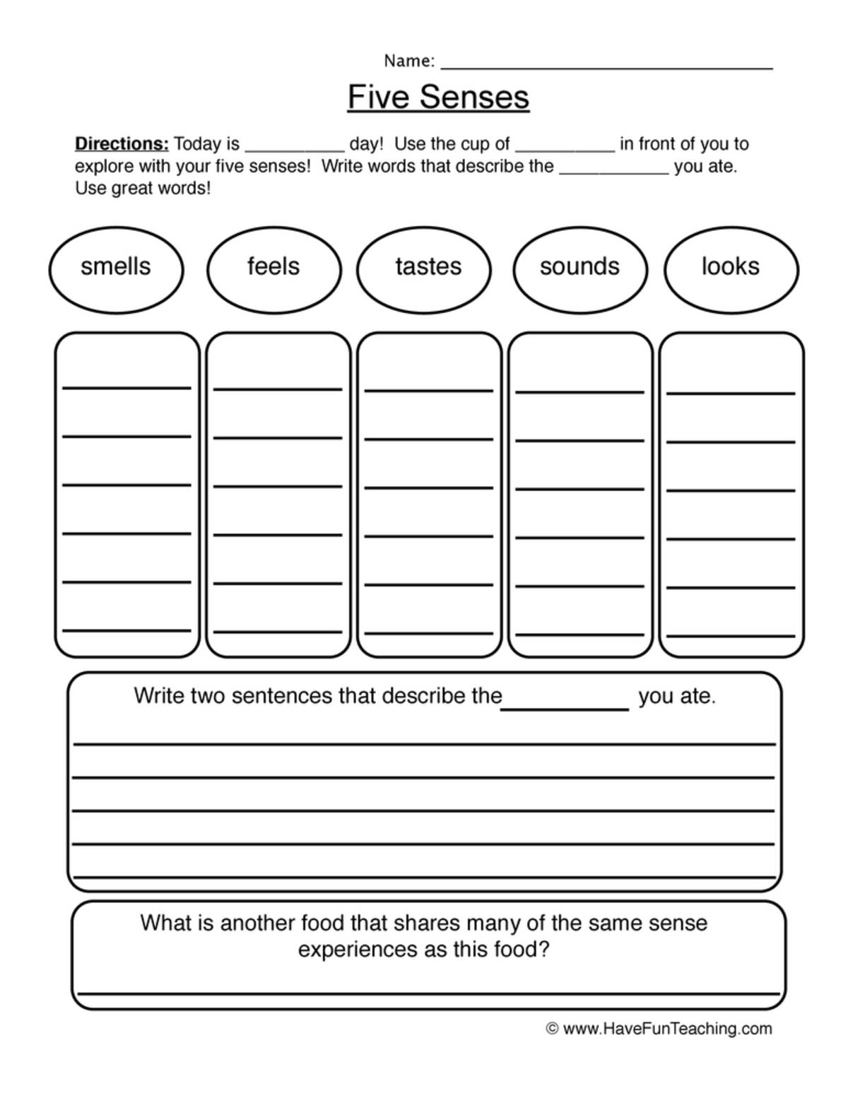 An educational teaching resource from Have Fun Teaching entitled Describe It Five Senses Worksheet downloadable at Teach Simple.