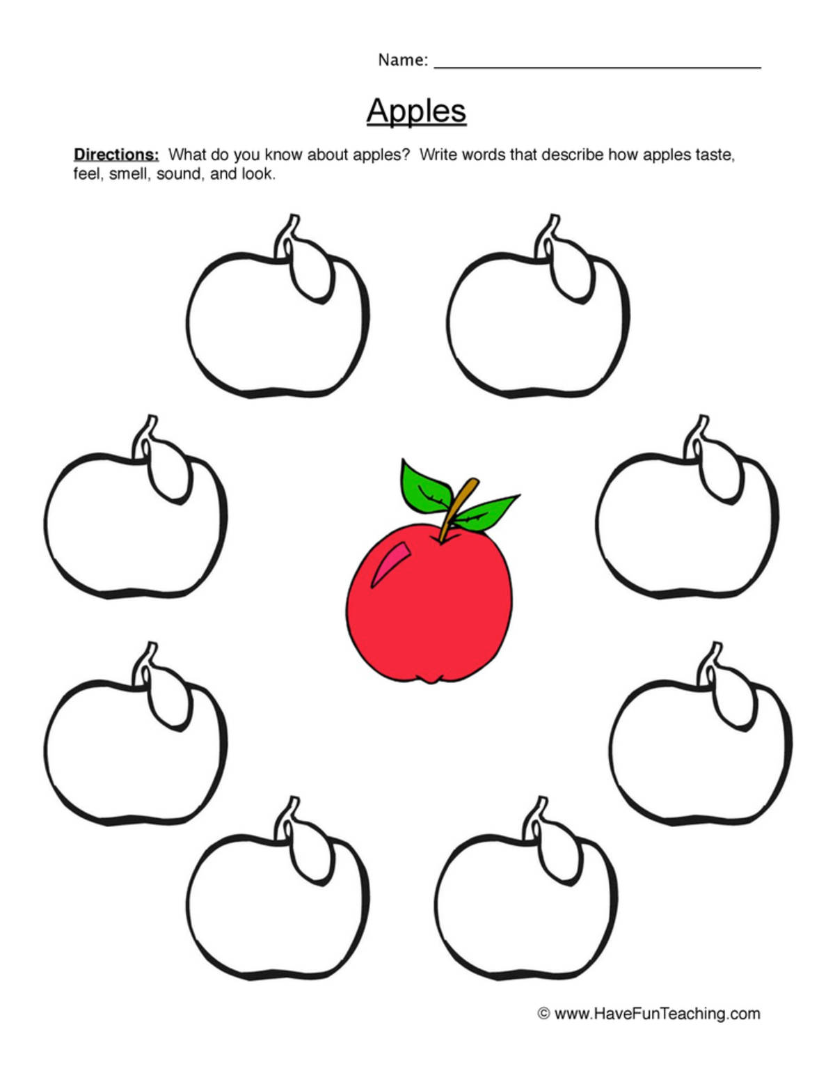 An educational teaching resource from Have Fun Teaching entitled Describing Apples Worksheet downloadable at Teach Simple.
